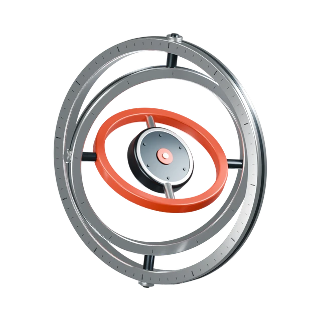 An original kinetic sculpture of nested metallic rings, shown as a dimensional study of form and movement.