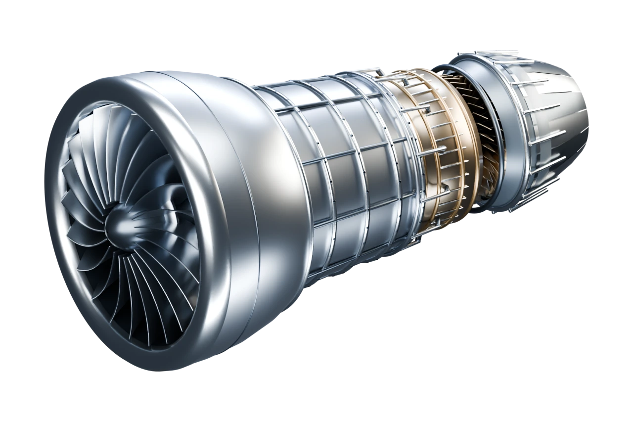 Studio rendering of an assembled propulsion concept, with a silver fan and layered engine housing.
